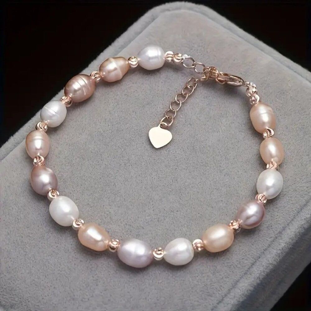 Freshwater Pearls Women's Elegant Minimalist Bracelet w Heart-Shaped Charm